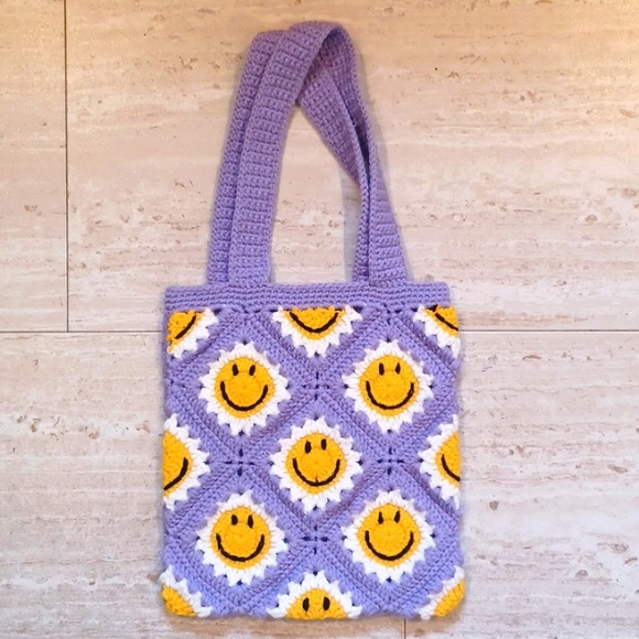Handbags - Unique Purple Crochet Knit Boho Smiley Face Tote/Shoulder Bag